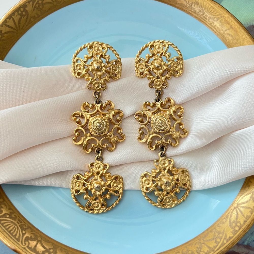 Vintage Gold Ornate Filagree Drop Statement Earrings
